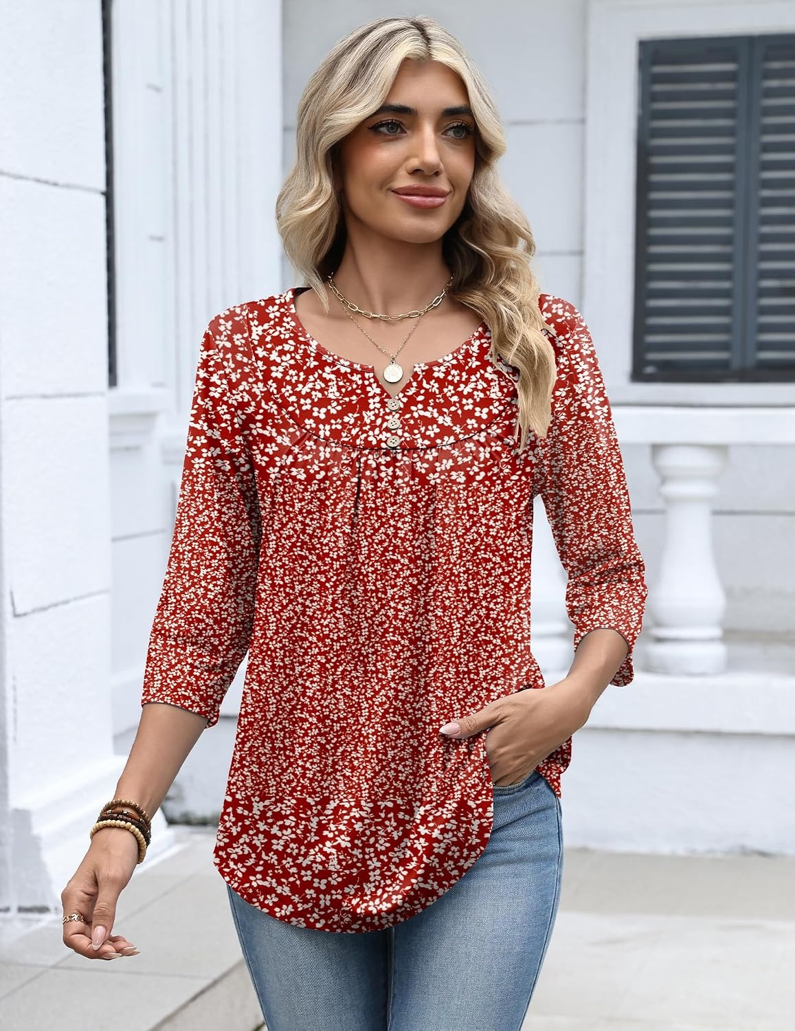 image:imageZeagoo 34 Length Sleeve Womens Tops Dressy Casual 2026 V Neck T Shirts Blouses Floral Summer Business Work Basic TeesRed White Floral