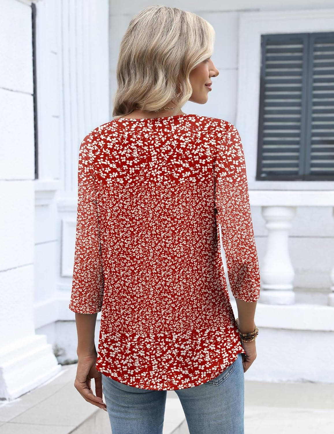 image:imageZeagoo 34 Length Sleeve Womens Tops Dressy Casual 2026 V Neck T Shirts Blouses Floral Summer Business Work Basic TeesRed White Floral