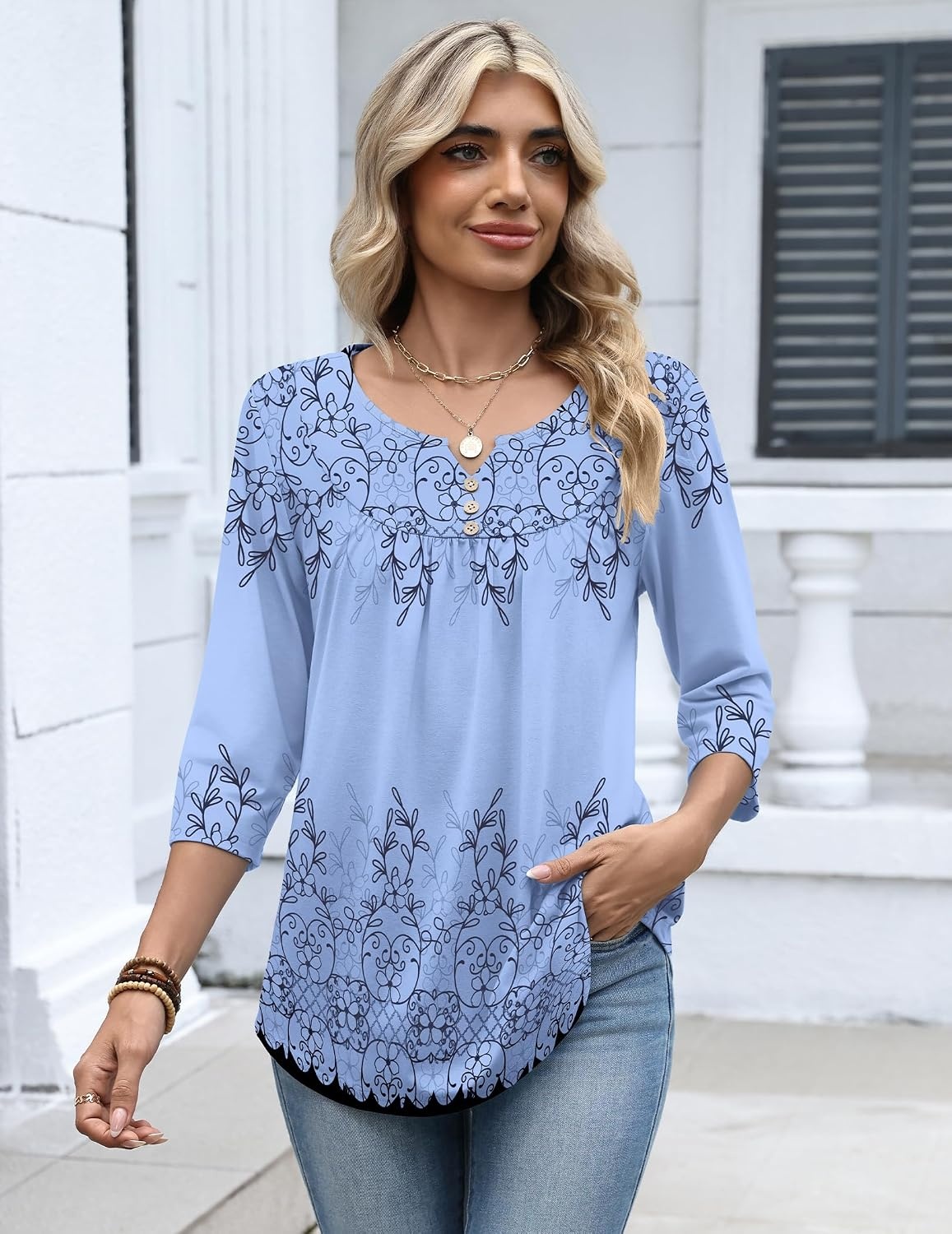 image:imageZeagoo 34 Length Sleeve Womens Tops Dressy Casual 2026 V Neck T Shirts Blouses Floral Summer Business Work Basic TeesSf166