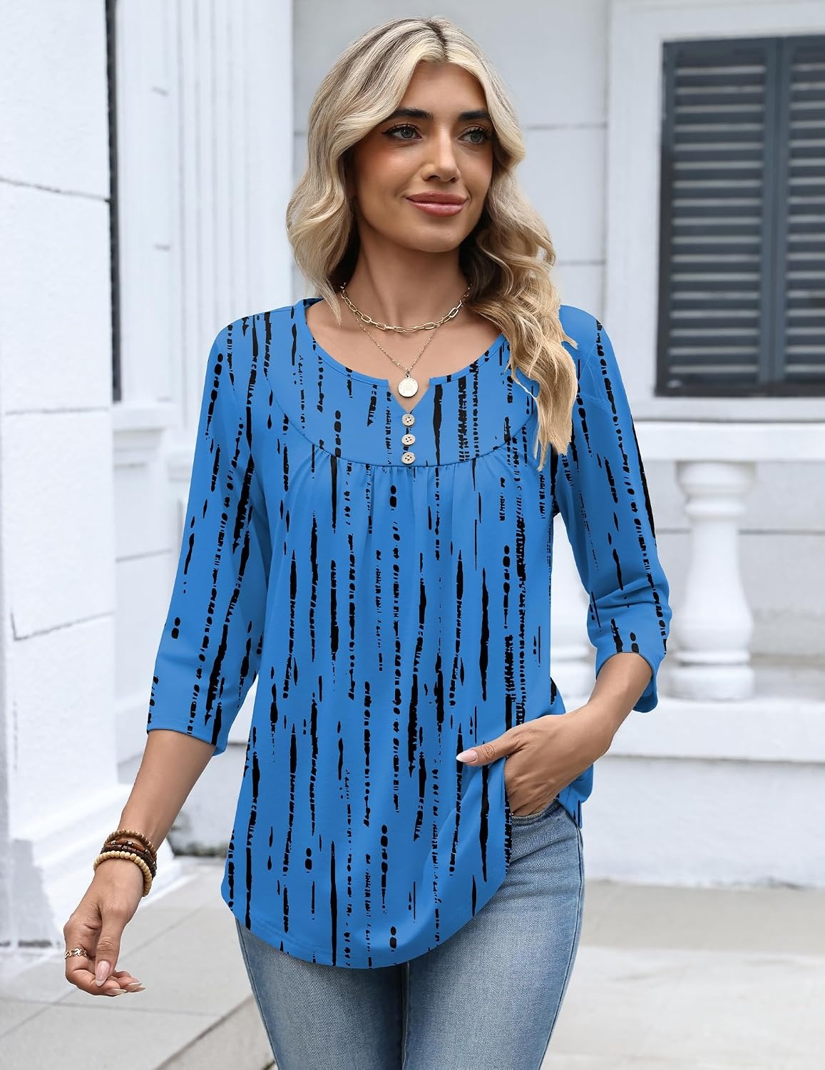 image:imageZeagoo 34 Length Sleeve Womens Tops Dressy Casual 2026 V Neck T Shirts Blouses Floral Summer Business Work Basic TeesZr459