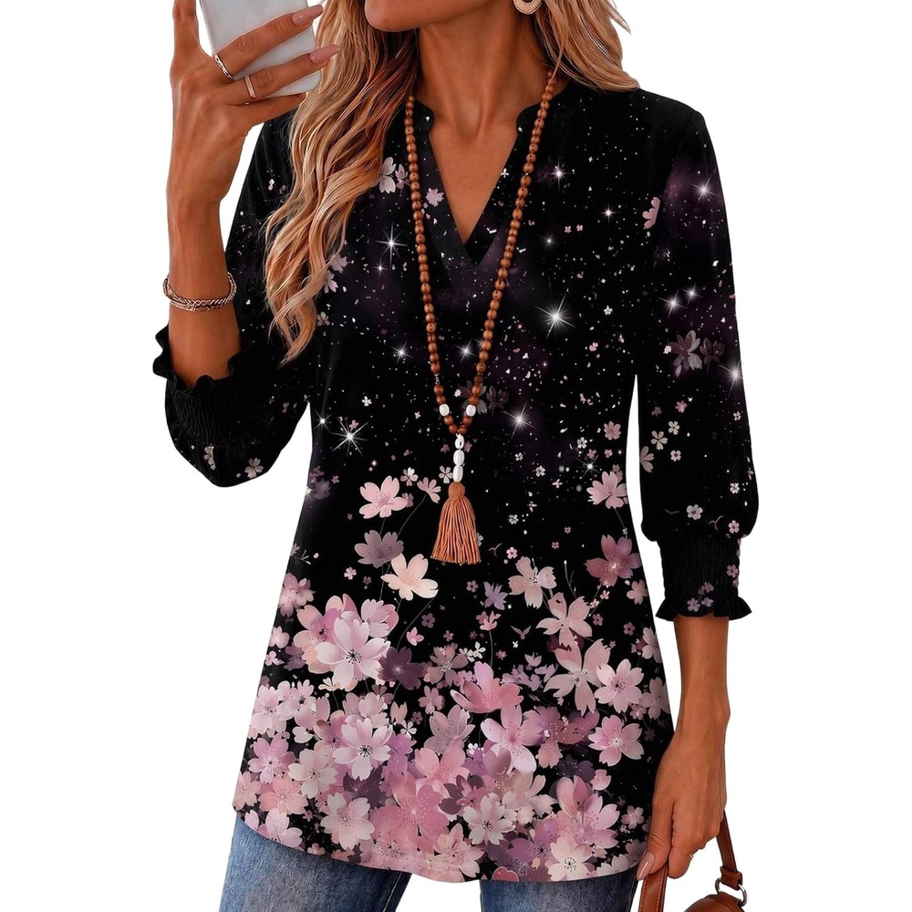 image:imageZeagoo 34 Length Sleeve Womens Tops 2025 Floral Womens Blouses V Neck TunicTops with Smocked CuffsPink Flowers