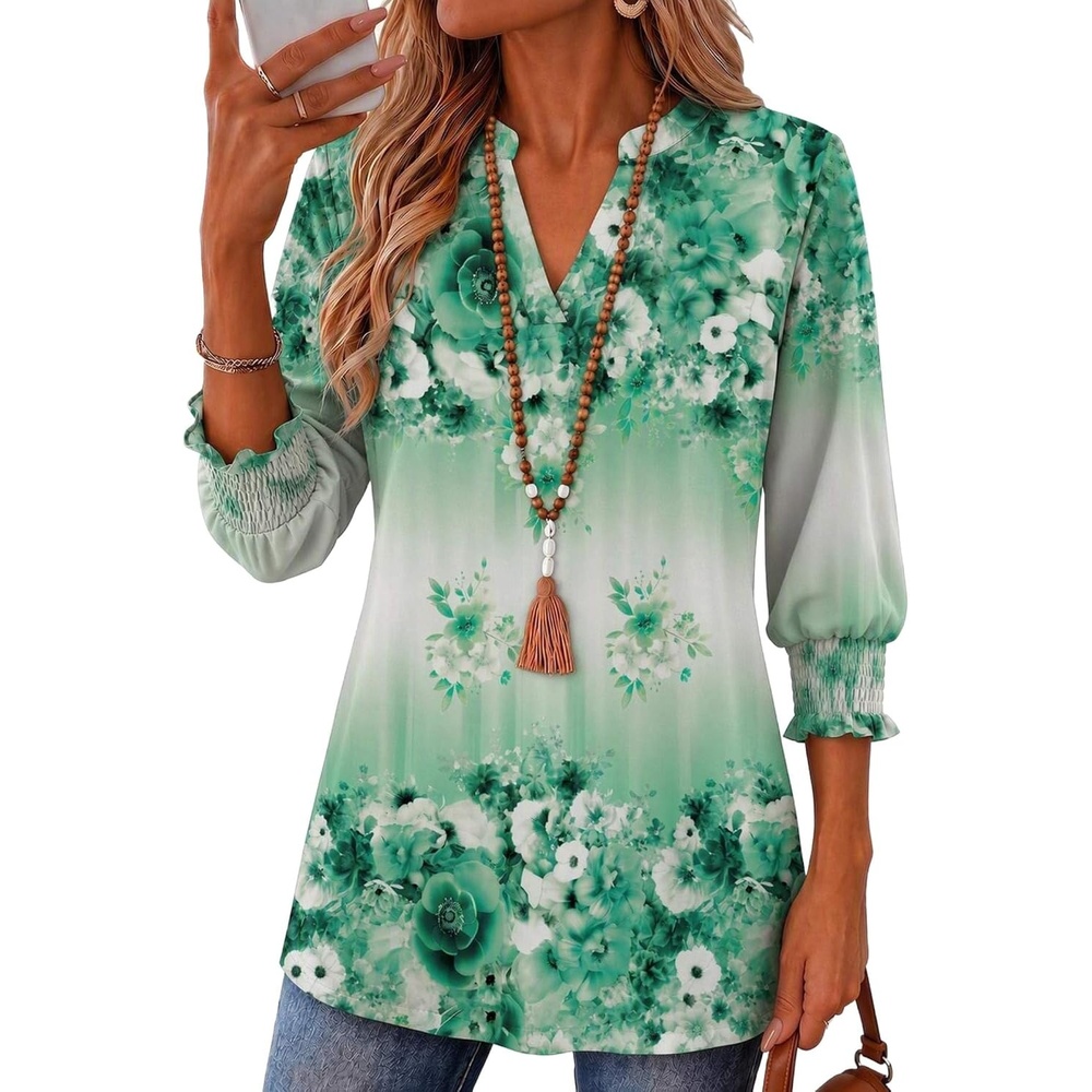 image:imageZeagoo 34 Length Sleeve Womens Tops 2025 Floral Womens Blouses V Neck TunicTops with Smocked CuffsPrint195