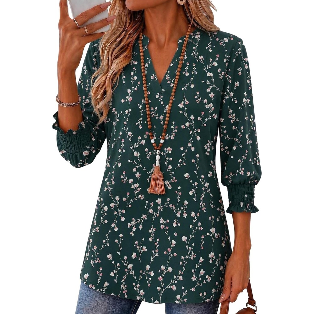 image:imageZeagoo 34 Length Sleeve Womens Tops 2025 Floral Womens Blouses V Neck TunicTops with Smocked CuffsPrintbf320