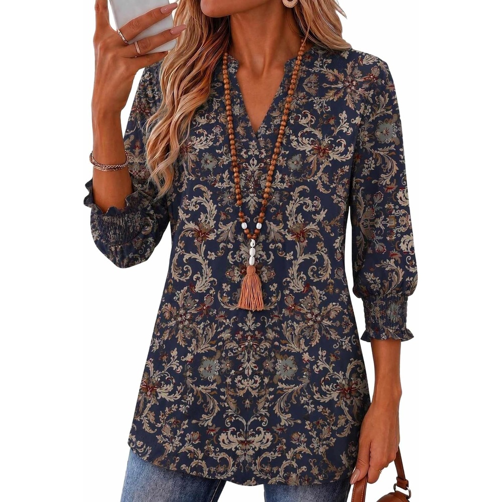 image:imageZeagoo 34 Length Sleeve Womens Tops 2025 Floral Womens Blouses V Neck TunicTops with Smocked CuffsPrintmz869