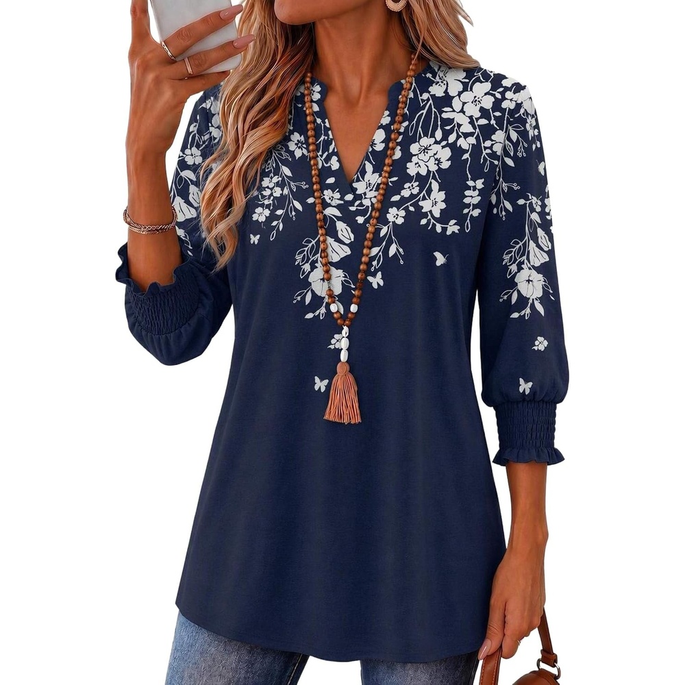 image:imageZeagoo 34 Length Sleeve Womens Tops 2025 Floral Womens Blouses V Neck TunicTops with Smocked CuffsPrintsf103