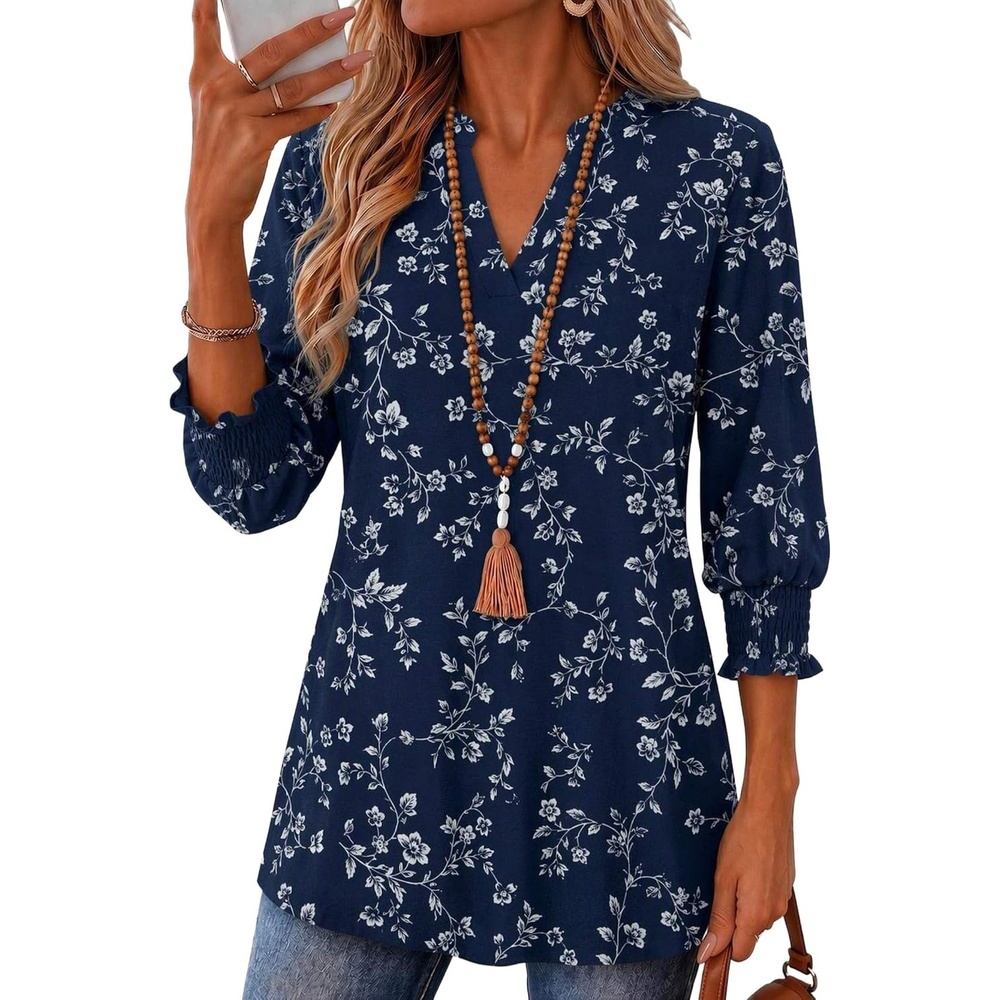 image:imageZeagoo 34 Length Sleeve Womens Tops 2025 Floral Womens Blouses V Neck TunicTops with Smocked CuffsPrintsf218