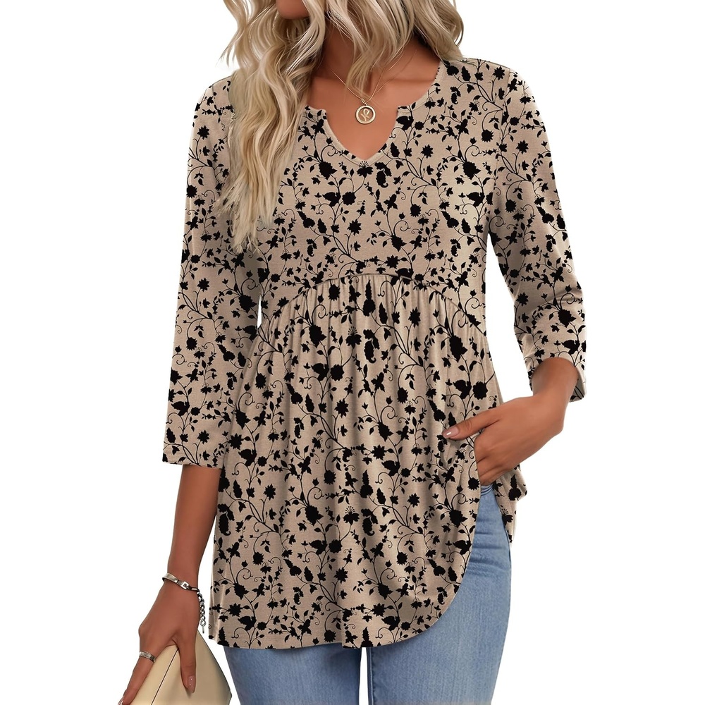image:imageZeagoo 34 Length Sleeve Womens Tops 2026 Blouses for Women Dressy Casual Fashion Clothing V Neck TShirts Summer OutfitsBeige