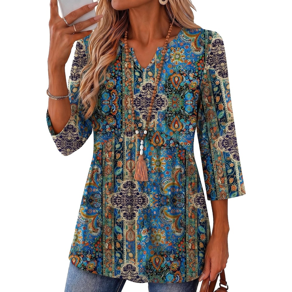 image:imageZeagoo 34 Length Sleeve Womens Tops 2026 Blouses for Women Dressy Casual Fashion Clothing V Neck TShirts Summer OutfitsBlue Boho Print