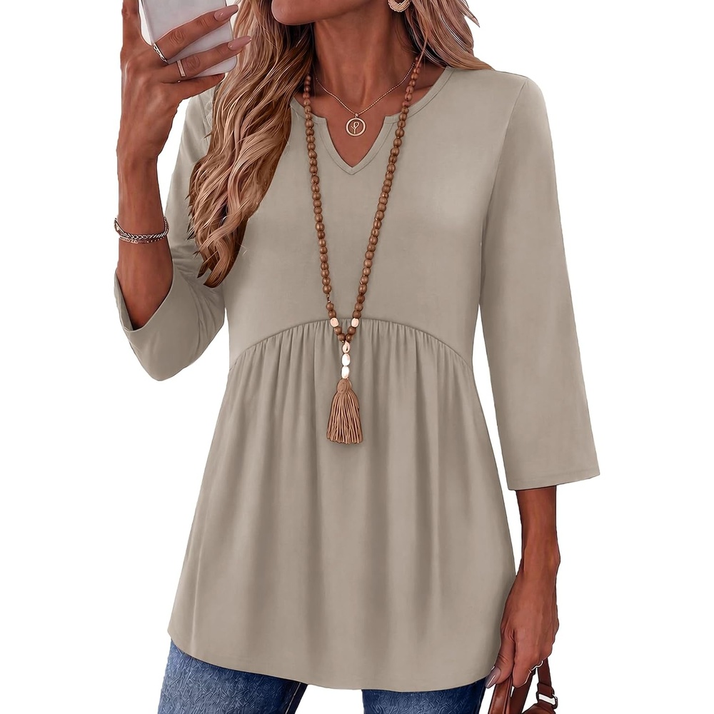 image:imageZeagoo 34 Length Sleeve Womens Tops 2026 Blouses for Women Dressy Casual Fashion Clothing V Neck TShirts Summer OutfitsCoffee
