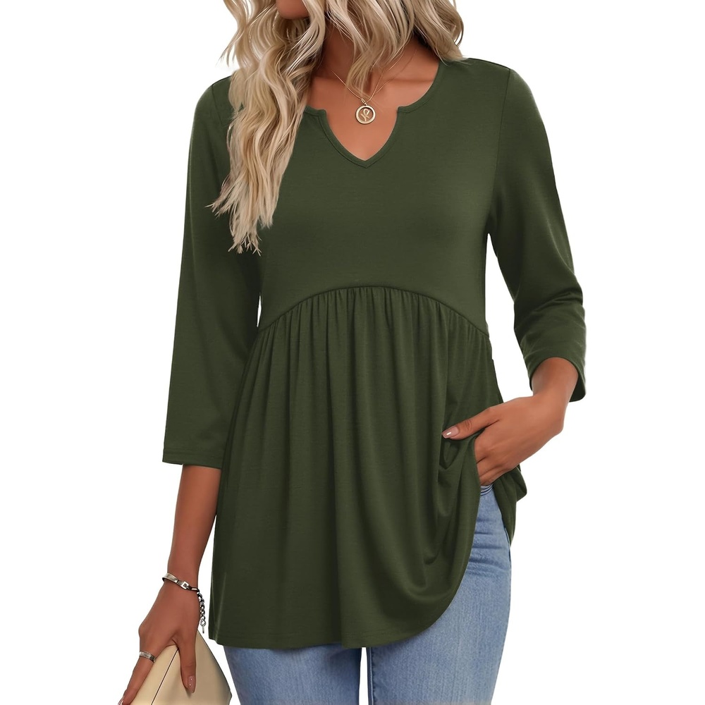 image:imageZeagoo 34 Length Sleeve Womens Tops 2026 Blouses for Women Dressy Casual Fashion Clothing V Neck TShirts Summer OutfitsGreen