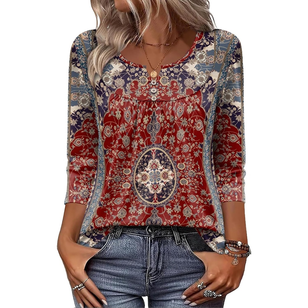 image:imageZeagoo 34 Length Sleeve Womens Tops Dressy Casual 2026 V Neck T Shirts Blouses Floral Summer Business Work Basic TeesA01rust Ethnic Pattern
