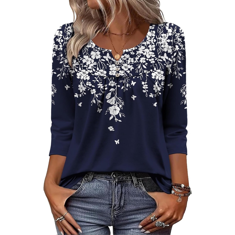 image:imageZeagoo 34 Length Sleeve Womens Tops Dressy Casual 2026 V Neck T Shirts Blouses Floral Summer Business Work Basic TeesA02navy Flower