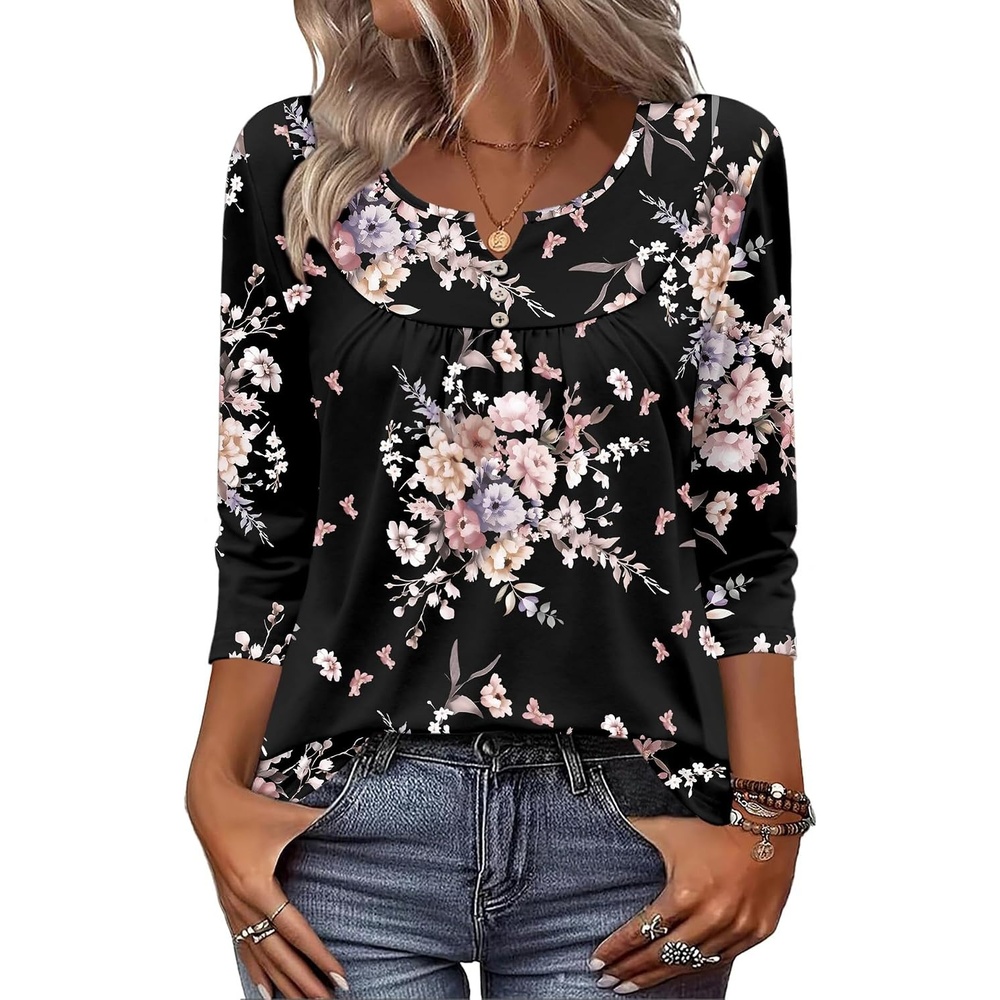 image:imageZeagoo 34 Length Sleeve Womens Tops Dressy Casual 2026 V Neck T Shirts Blouses Floral Summer Business Work Basic TeesBlack Pink Floral