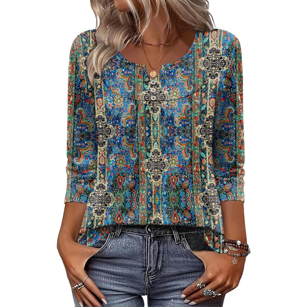 image:imageZeagoo 34 Length Sleeve Womens Tops Dressy Casual 2026 V Neck T Shirts Blouses Floral Summer Business Work Basic TeesBlue Boho Print