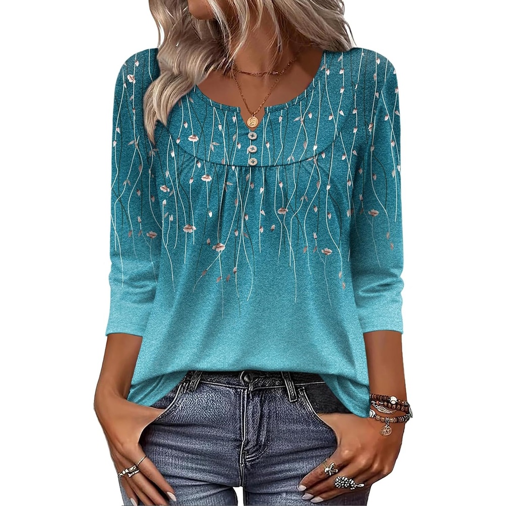 image:imageZeagoo 34 Length Sleeve Womens Tops Dressy Casual 2026 V Neck T Shirts Blouses Floral Summer Business Work Basic TeesBlue Floral