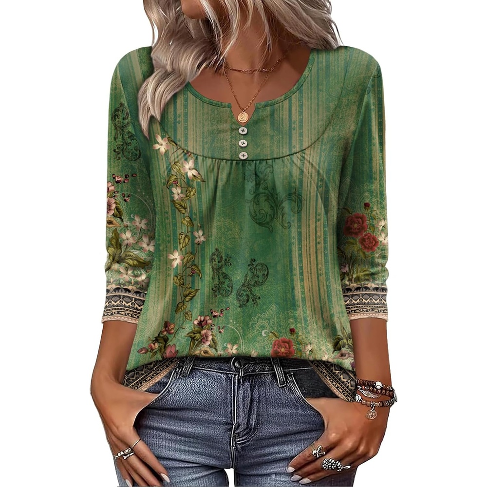 image:imageZeagoo 34 Length Sleeve Womens Tops Dressy Casual 2026 V Neck T Shirts Blouses Floral Summer Business Work Basic TeesGreen Ethnic Print