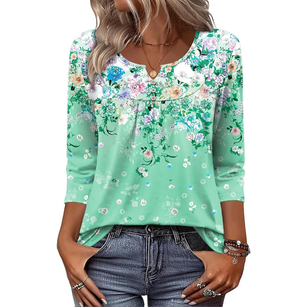 image:imageZeagoo 34 Length Sleeve Womens Tops Dressy Casual 2026 V Neck T Shirts Blouses Floral Summer Business Work Basic TeesGreen Print