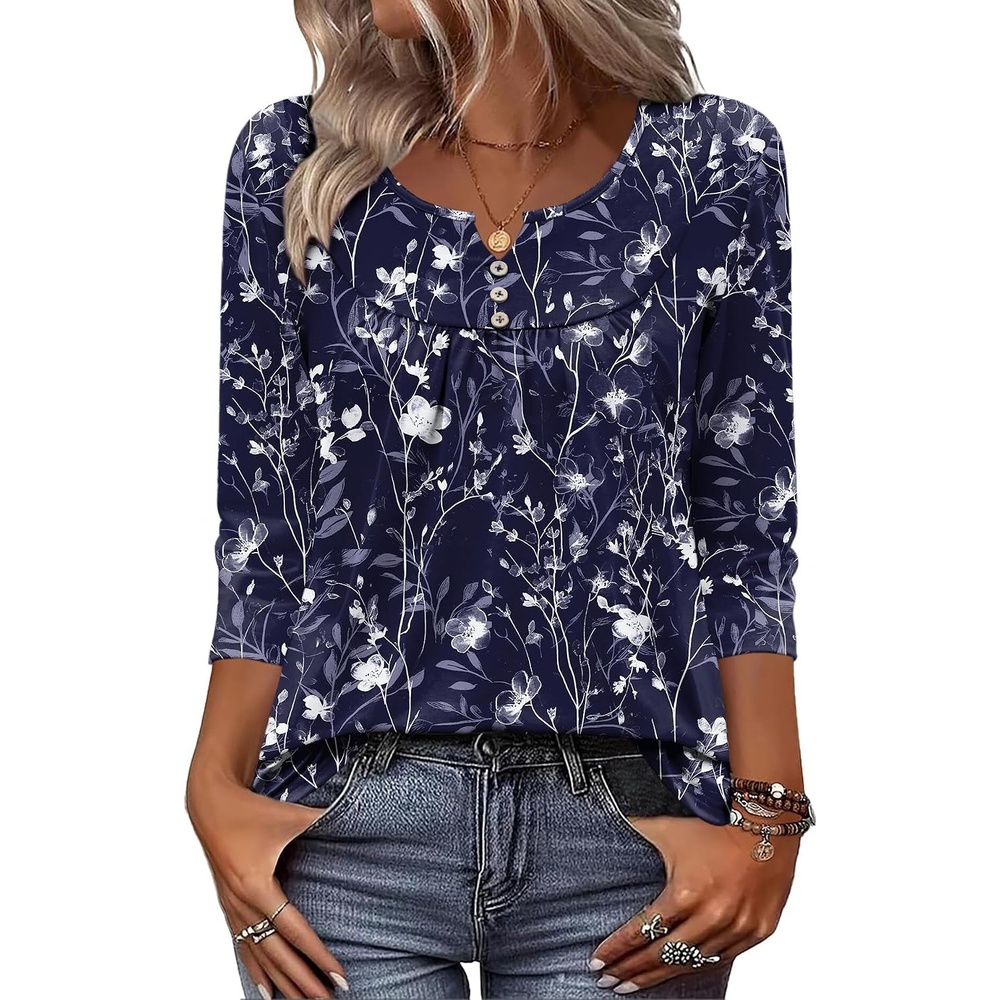 image:imageZeagoo 34 Length Sleeve Womens Tops Dressy Casual 2026 V Neck T Shirts Blouses Floral Summer Business Work Basic TeesNavy Blue Flower