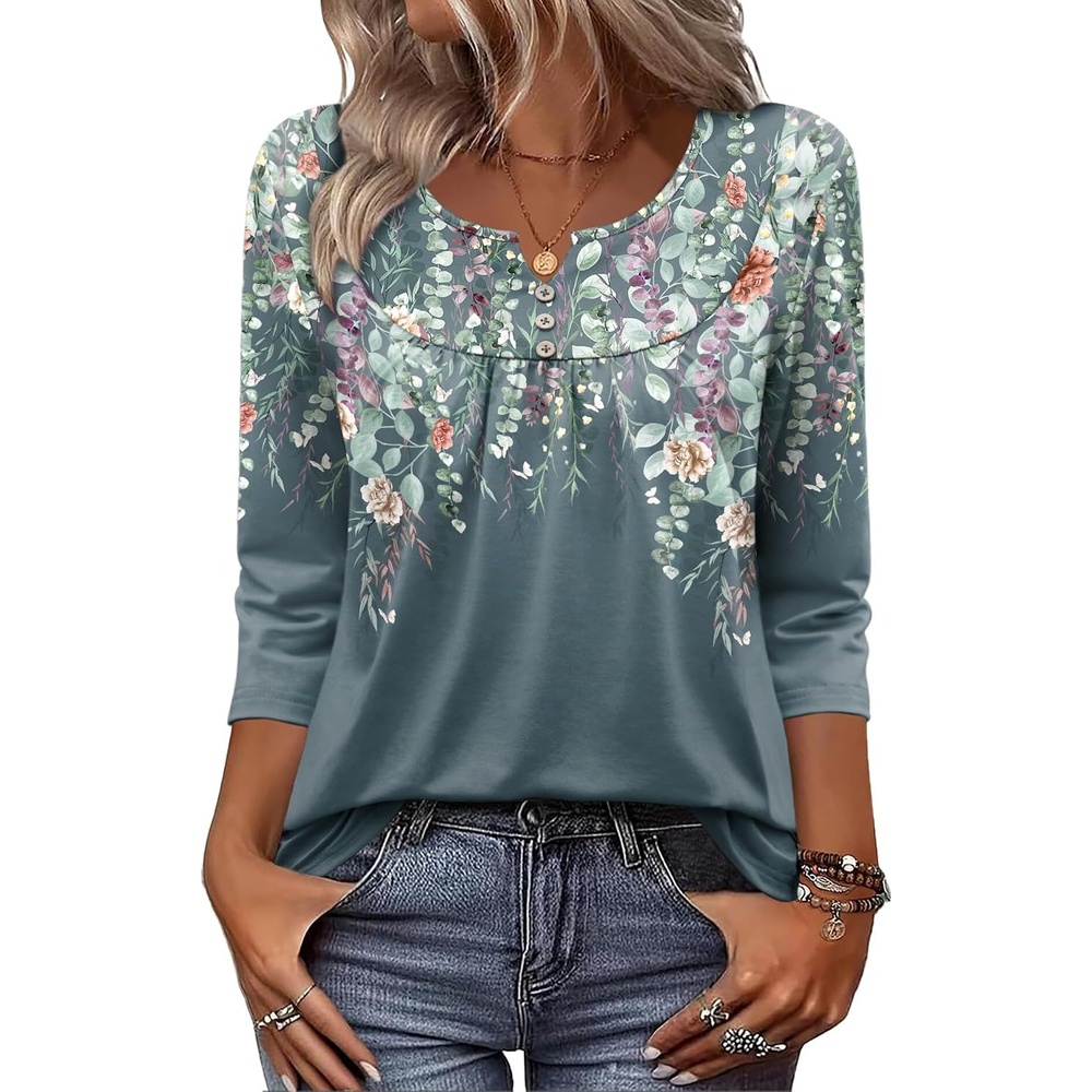 image:imageZeagoo 34 Length Sleeve Womens Tops Dressy Casual 2026 V Neck T Shirts Blouses Floral Summer Business Work Basic TeesPlants Flowers