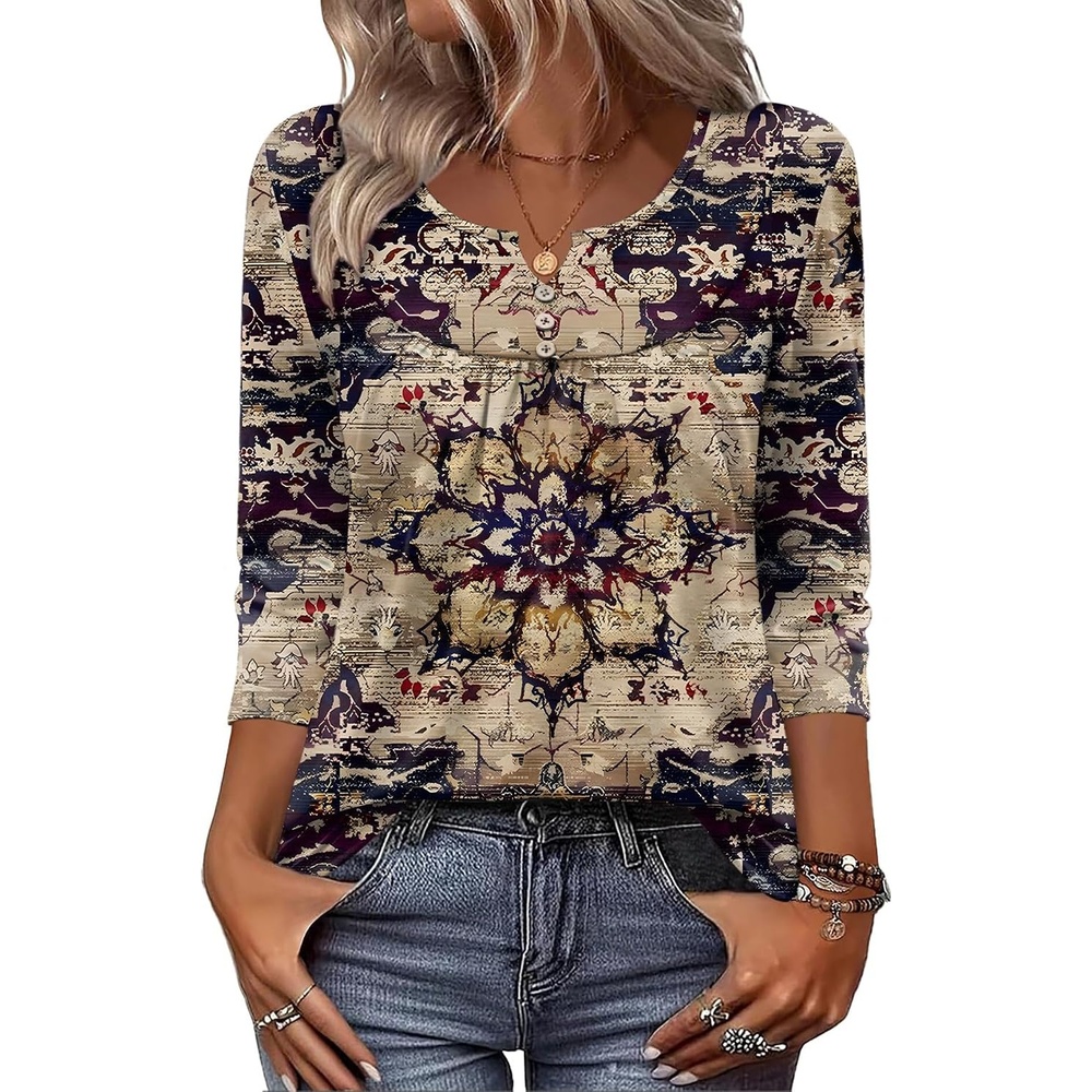 image:imageZeagoo 34 Length Sleeve Womens Tops Dressy Casual 2026 V Neck T Shirts Blouses Floral Summer Business Work Basic TeesPurplebeige