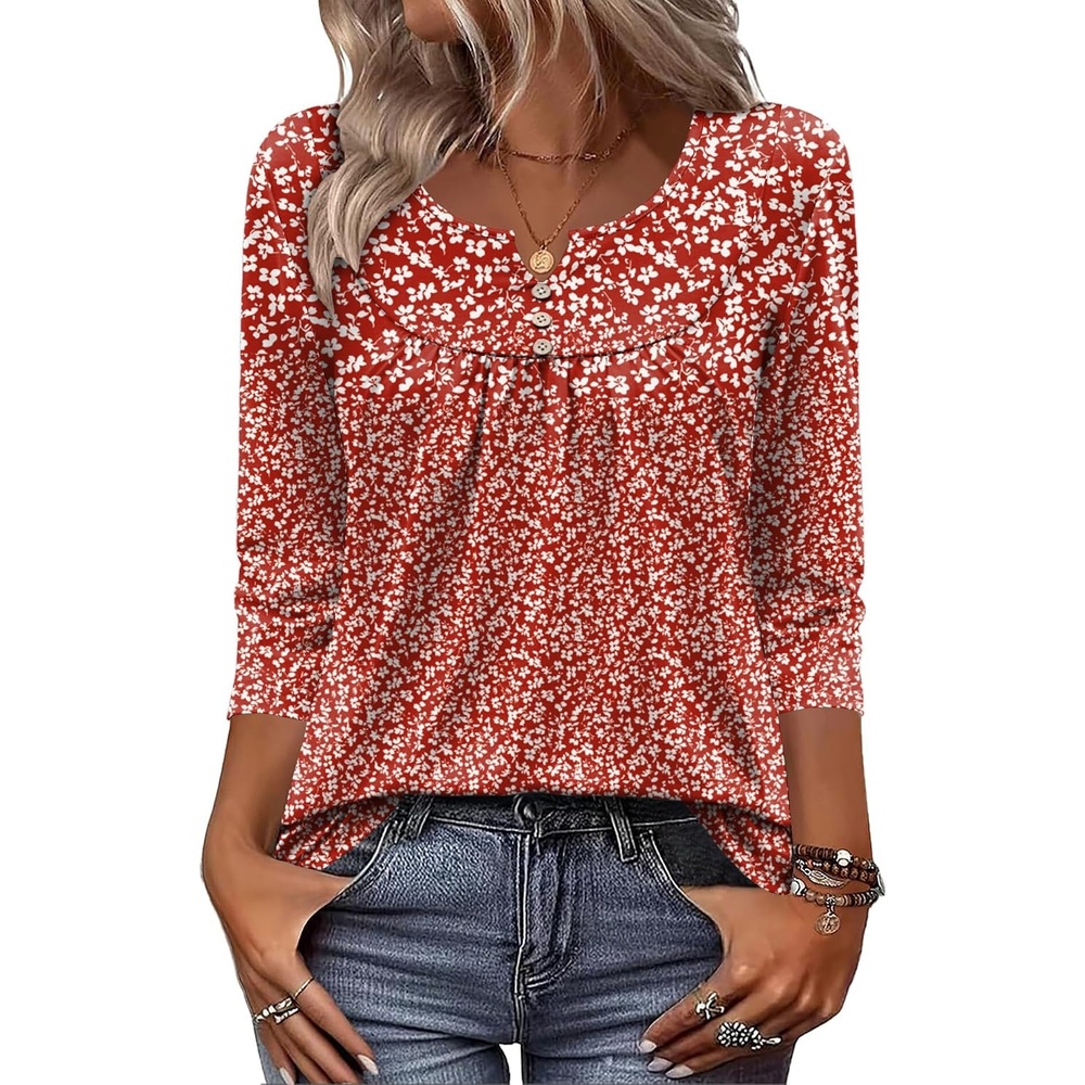 image:imageZeagoo 34 Length Sleeve Womens Tops Dressy Casual 2026 V Neck T Shirts Blouses Floral Summer Business Work Basic TeesRed White Floral