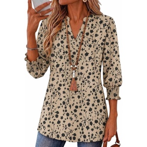 Zeagoo 3/4 Length Sleeve Womens Tops 2025 Floral Womens Blouses V Neck TunicTops with Smocked Cuffs(Apricot Back Floral)