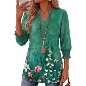 Zeagoo 3/4 Length Sleeve Womens Tops 2025 Floral Womens Blouses V Neck TunicTops with Smocked Cuffs(Gradient Floral Print)