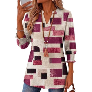 Zeagoo 3/4 Length Sleeve Womens Tops 2025 Floral Womens Blouses V Neck TunicTops with Smocked Cuffs(Multicolor Plaid 509)
