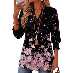 Zeagoo 3/4 Length Sleeve Womens Tops 2025 Floral Womens Blouses V Neck TunicTops with Smocked Cuffs(Pink Flowers)