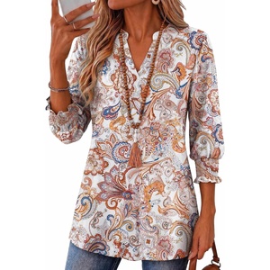 Zeagoo 3/4 Length Sleeve Womens Tops 2025 Floral Womens Blouses V Neck TunicTops with Smocked Cuffs(Print-1)