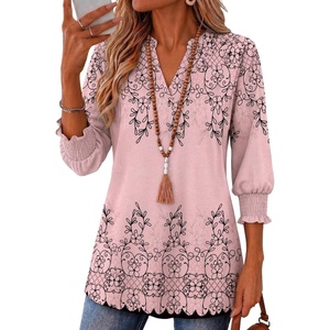 Zeagoo 3/4 Length Sleeve Womens Tops 2025 Floral Womens Blouses V Neck TunicTops with Smocked Cuffs(Print-190)