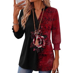 Zeagoo 3/4 Length Sleeve Womens Tops 2025 Floral Womens Blouses V Neck TunicTops with Smocked Cuffs(Print-309)