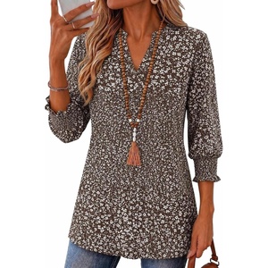 Zeagoo 3/4 Length Sleeve Womens Tops 2025 Floral Womens Blouses V Neck TunicTops with Smocked Cuffs(Print-517)
