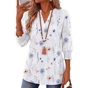 Zeagoo 3/4 Length Sleeve Womens Tops 2025 Floral Womens Blouses V Neck TunicTops with Smocked Cuffs(Print-bf290)