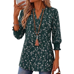 Zeagoo 3/4 Length Sleeve Womens Tops 2025 Floral Womens Blouses V Neck TunicTops with Smocked Cuffs(Print-bf320)