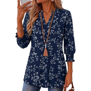 Zeagoo 3/4 Length Sleeve Womens Tops 2025 Floral Womens Blouses V Neck TunicTops with Smocked Cuffs(Print-sf218)