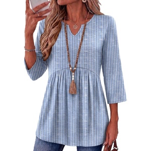Zeagoo 3/4 Length Sleeve Womens Tops 2026 Blouses for Women Dressy Casual Fashion Clothing V Neck T-Shirts Summer Outfits(03 Blue Stripe)