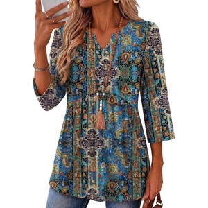 Zeagoo 3/4 Length Sleeve Womens Tops 2026 Blouses for Women Dressy Casual Fashion Clothing V Neck T-Shirts Summer Outfits(Blue Boho Print)