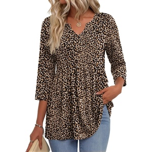 Zeagoo 3/4 Length Sleeve Womens Tops 2026 Blouses for Women Dressy Casual Fashion Clothing V Neck T-Shirts Summer Outfits(Leopard Print)