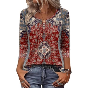 Zeagoo 3/4 Length Sleeve Womens Tops Dressy Casual 2026 V Neck T Shirts Blouses Floral Summer Business Work Basic Tees(A01-rust Ethnic Pattern)