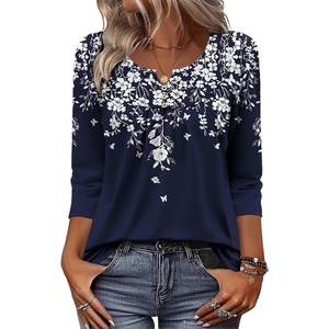 Zeagoo 3/4 Length Sleeve Womens Tops Dressy Casual 2026 V Neck T Shirts Blouses Floral Summer Business Work Basic Tees(A02-navy Flower)