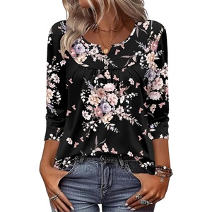 Zeagoo 3/4 Length Sleeve Womens Tops Dressy Casual 2026 V Neck T Shirts Blouses Floral Summer Business Work Basic Tees(Black Pink Floral)