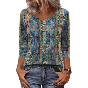 Zeagoo 3/4 Length Sleeve Womens Tops Dressy Casual 2026 V Neck T Shirts Blouses Floral Summer Business Work Basic Tees(Blue Boho Print)