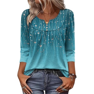 Zeagoo 3/4 Length Sleeve Womens Tops Dressy Casual 2026 V Neck T Shirts Blouses Floral Summer Business Work Basic Tees(Blue Floral)