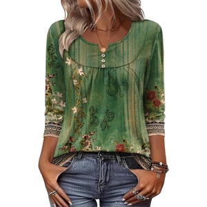 Zeagoo 3/4 Length Sleeve Womens Tops Dressy Casual 2026 V Neck T Shirts Blouses Floral Summer Business Work Basic Tees(Green Ethnic Print)