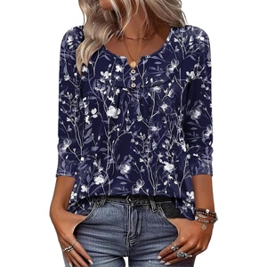 Zeagoo 3/4 Length Sleeve Womens Tops Dressy Casual 2026 V Neck T Shirts Blouses Floral Summer Business Work Basic Tees(Navy Blue Flower)