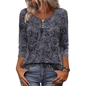 Zeagoo 3/4 Length Sleeve Womens Tops Dressy Casual 2026 V Neck T Shirts Blouses Floral Summer Business Work Basic Tees(Navy Blue Print)