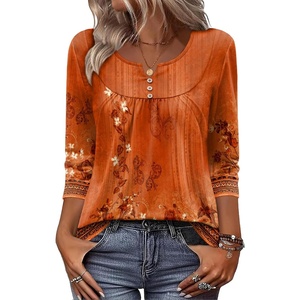 Zeagoo 3/4 Length Sleeve Womens Tops Dressy Casual 2026 V Neck T Shirts Blouses Floral Summer Business Work Basic Tees(Orange Ethnic Print)