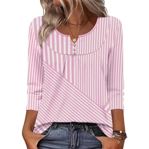 Zeagoo 3/4 Length Sleeve Womens Tops Dressy Casual 2026 V Neck T Shirts Blouses Floral Summer Business Work Basic Tees(Pink Stripes)