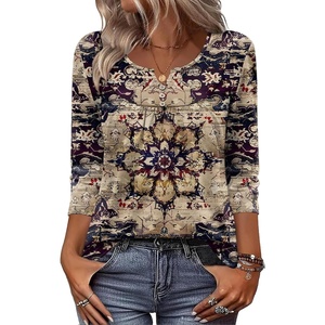 Zeagoo 3/4 Length Sleeve Womens Tops Dressy Casual 2026 V Neck T Shirts Blouses Floral Summer Business Work Basic Tees(Purple-beige)